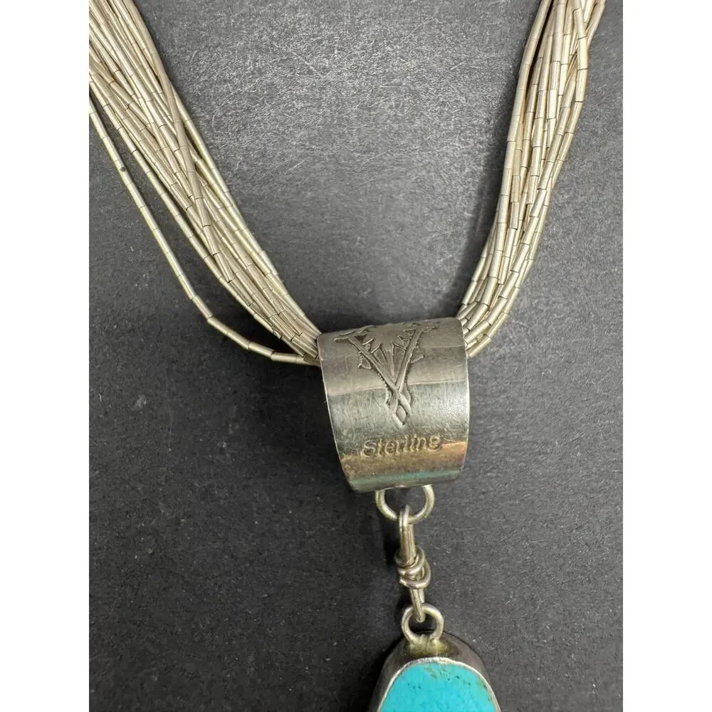 Vtg Sterling Silver 925 Multi Strand Liquid Silver Necklace Reversible Turquoise